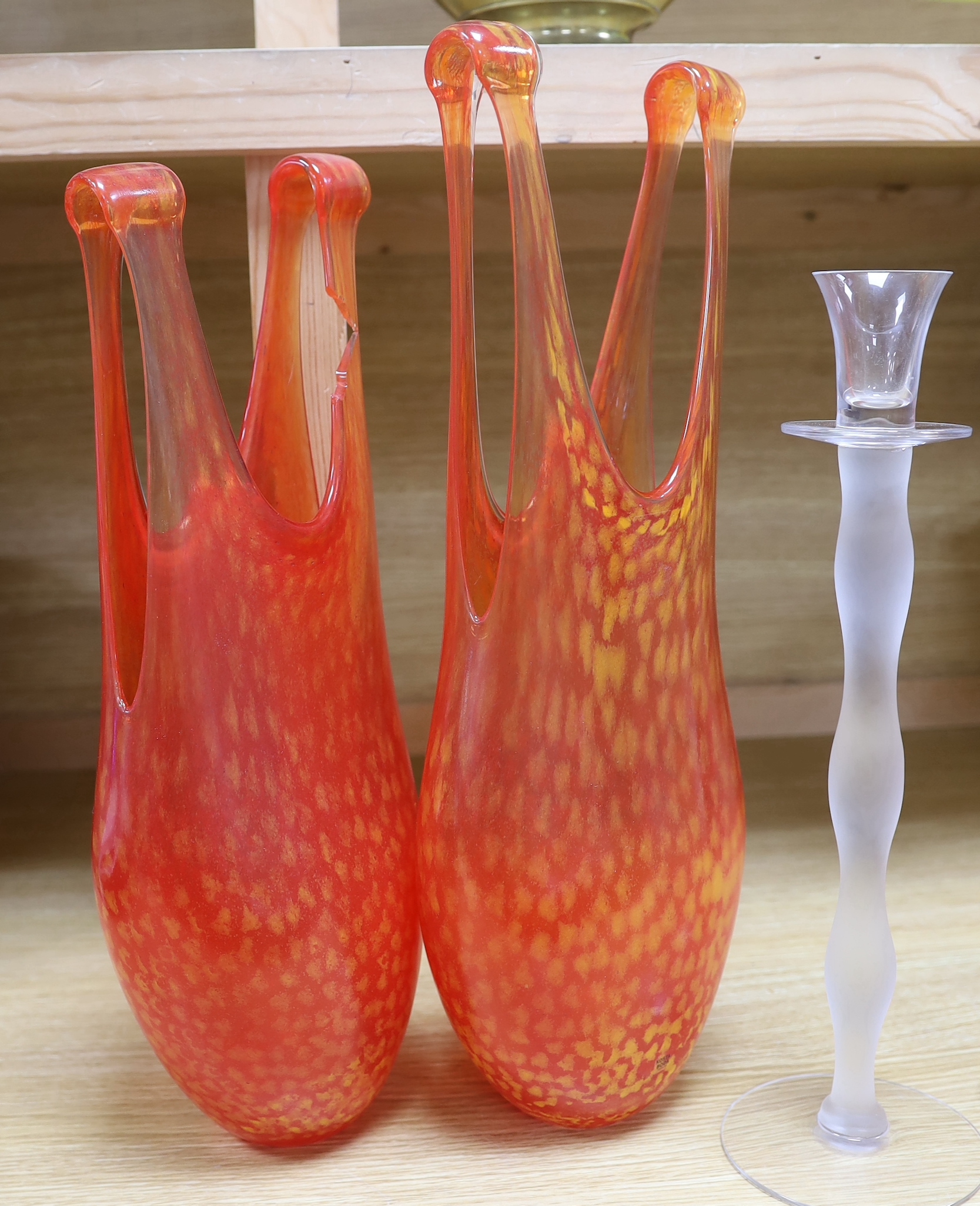 Art glassware comprising of two orange Kosta Boda glass vases, a novelty glass pelican ornament and a pair of glass candlesticks (5), the largest 47cm high